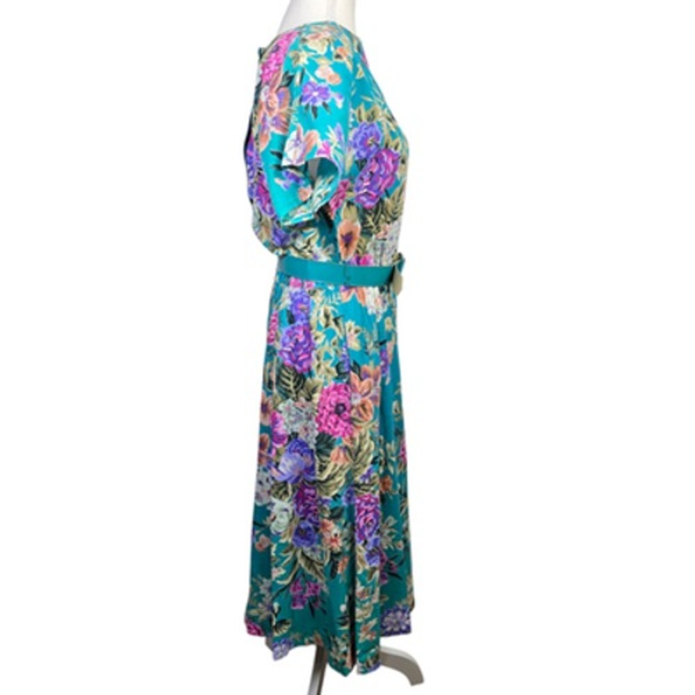 New Looks California Floral Midi Dress Size 10 Turquoise Belted Short Sleeve USA - Picture 2 of 6